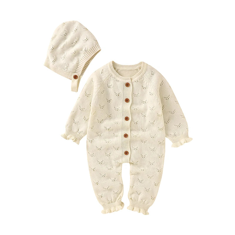 Baby Girl Knit Jumpsuit with Matching Bonnet - Soft Cotton Romper Set (3-24M)