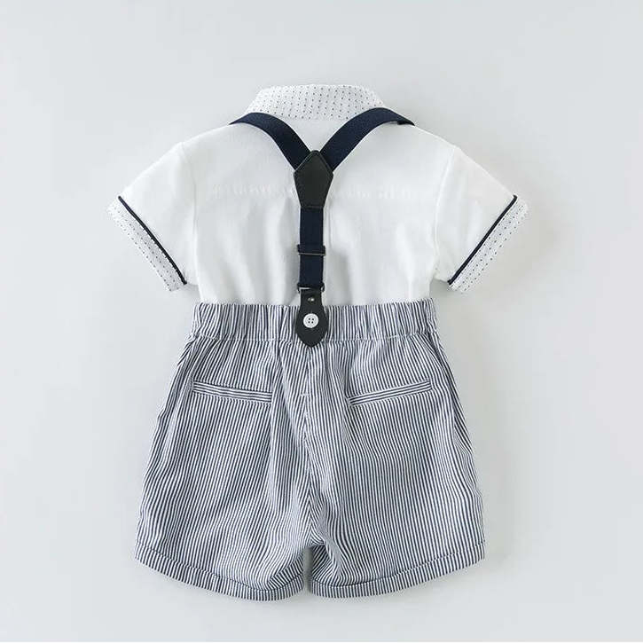 Baby & Toddler Boys' 2-Piece Summer Gentleman Suit - White Cotton Shirt & Striped Suspender Shorts Set (12M-6Y)