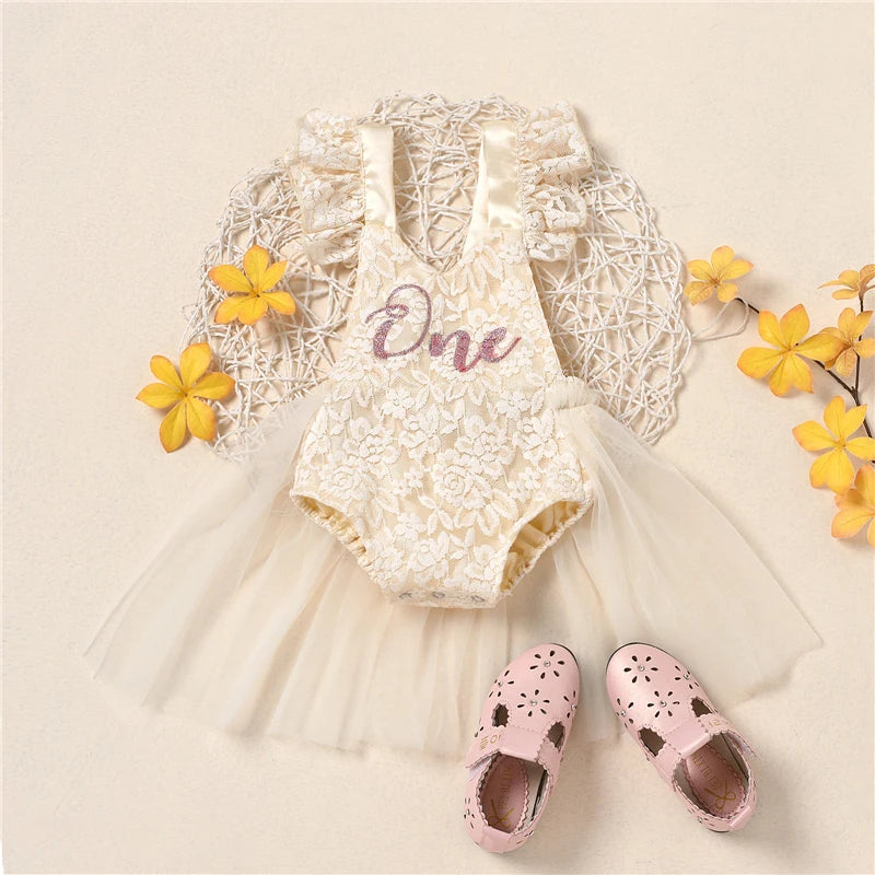 Baby Girl Princess 1st Birthday Romper Dress - Lace Tulle Cake Smash Outfit (3-24M)