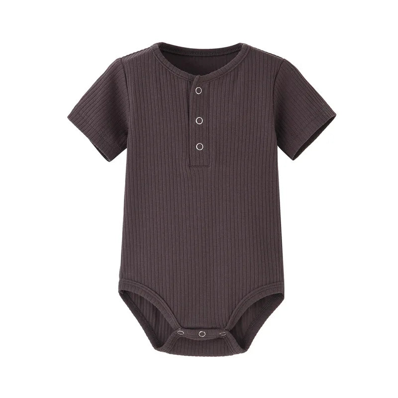 Ribbed Baby Boy Short Sleeve Romper - Soft Cotton Stretch Henley Jumpsuit (0-24M)