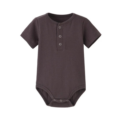 Ribbed Baby Boy Short Sleeve Romper - Soft Cotton Stretch Henley Jumpsuit (0-24M)