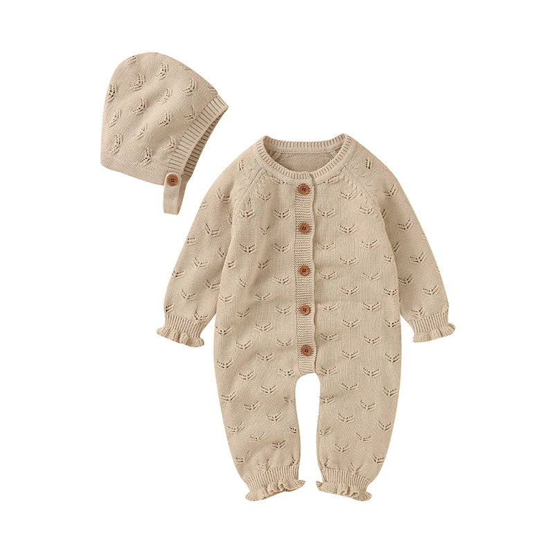 Baby Girl Knit Jumpsuit with Matching Bonnet - Soft Cotton Romper Set (3-24M)