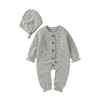 Baby Girl Knit Jumpsuit with Matching Bonnet - Soft Cotton Romper Set (3-24M)