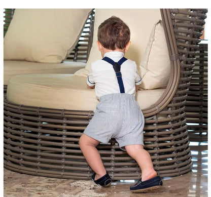 Baby & Toddler Boys' 2-Piece Summer Gentleman Suit - White Cotton Shirt & Striped Suspender Shorts Set (12M-6Y)