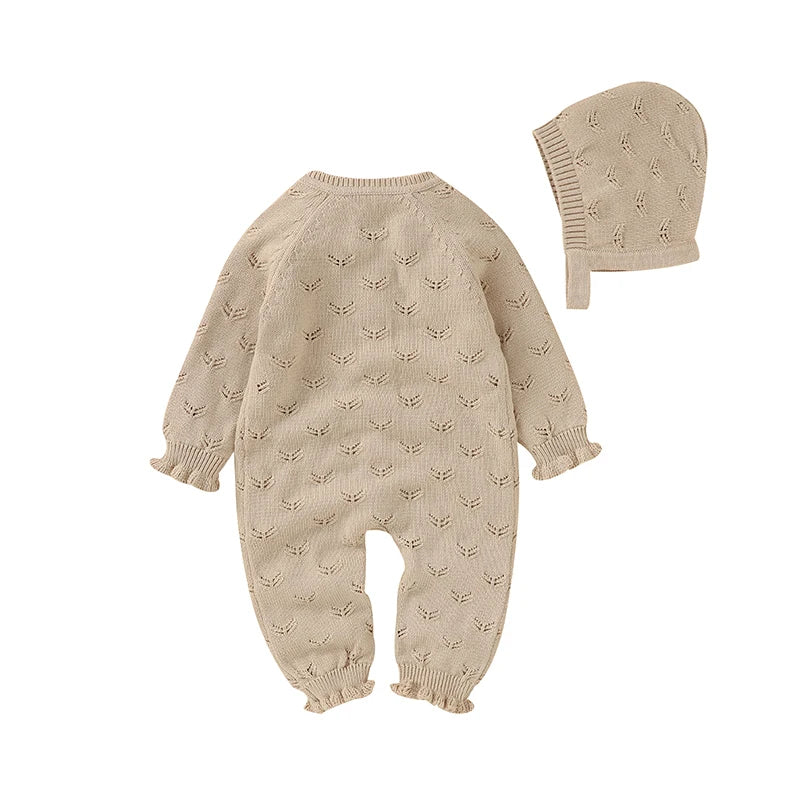 Baby Girl Knit Jumpsuit with Matching Bonnet - Soft Cotton Romper Set (3-24M)