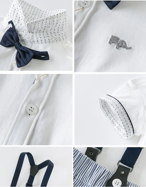 Baby & Toddler Boys' 2-Piece Summer Gentleman Suit - White Cotton Shirt & Striped Suspender Shorts Set (12M-6Y)