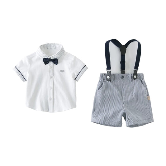 Baby & Toddler Boys' 2-Piece Summer Gentleman Suit - White Cotton Shirt & Striped Suspender Shorts Set (12M-6Y)