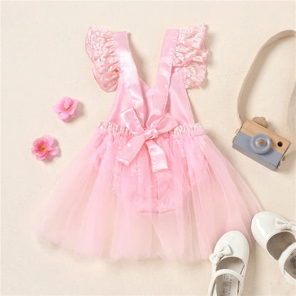 Baby Girl Princess 1st Birthday Romper Dress - Lace Tulle Cake Smash Outfit (3-24M)
