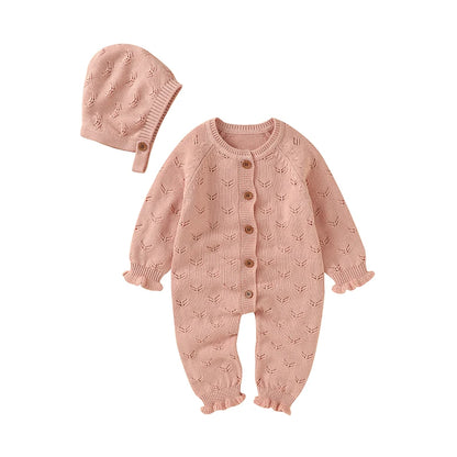 Baby Girl Knit Jumpsuit with Matching Bonnet - Soft Cotton Romper Set (3-24M)