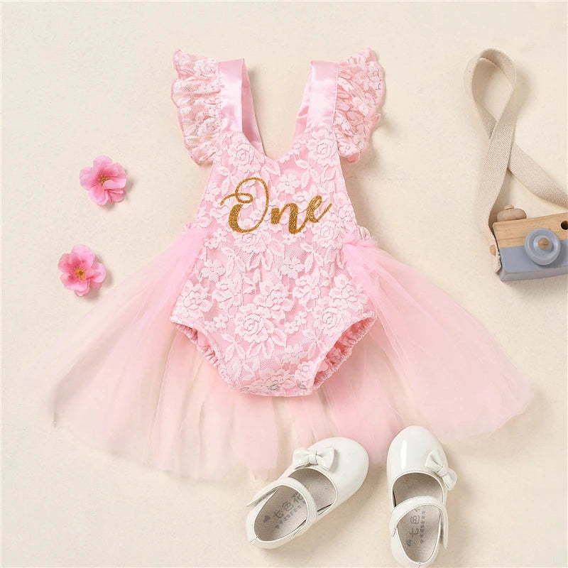 Baby Girl Princess 1st Birthday Romper Dress - Lace Tulle Cake Smash Outfit (3-24M)