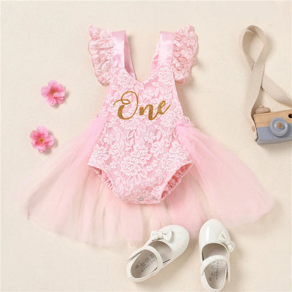 Baby Girl Princess 1st Birthday Romper Dress - Lace Tulle Cake Smash Outfit (3-24M)