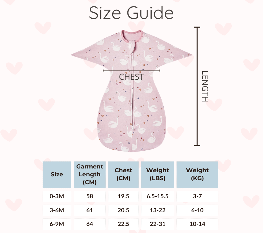 Size guide for cotton arms-up baby sleep sack and swaddle transition suit. Chart shows chest, length, and weight measurements (lbs and kg) for sizes 0-3 Months, 3-6 Months, and 6-9 Months.