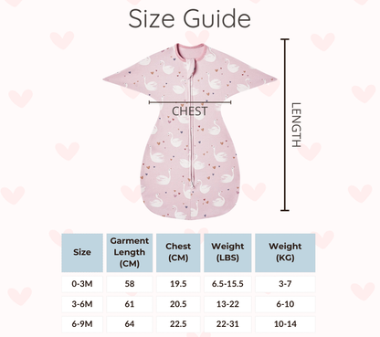 Size guide for cotton arms-up baby sleep sack and swaddle transition suit. Chart shows chest, length, and weight measurements (lbs and kg) for sizes 0-3 Months, 3-6 Months, and 6-9 Months.