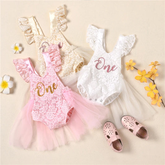 Baby Girl Princess 1st Birthday Romper Dress - Lace Tulle Cake Smash Outfit (3-24M)
