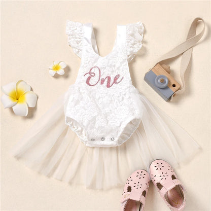 Baby Girl Princess 1st Birthday Romper Dress - Lace Tulle Cake Smash Outfit (3-24M)