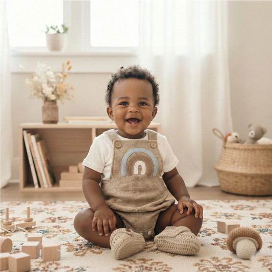Baby sitting on a rug with toys in a room  wearing a beige waffle knit romper with a neutral colored rainbow. 