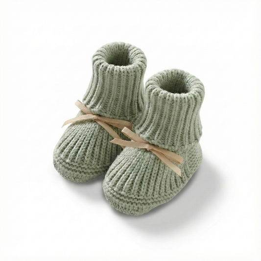 Pair of green knitted baby booties with a ribbon on a white background