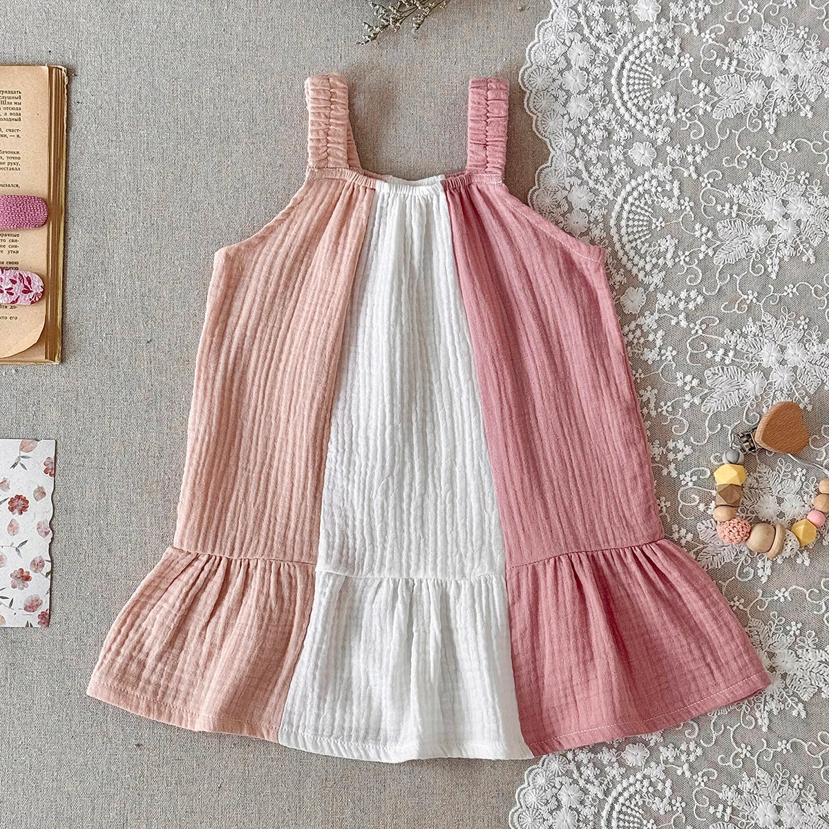 Baby & Toddler Girl 100% Cotton Muslin Tiered Sundress – Sleeveless Pastel Colorblock Boho Summer A-Line Dress (6M-3T)