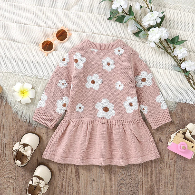 Infant & Toddler Girl Floral Knit Sweater Dress - Long Sleeve Pink Flower A-Line Skirt (6M-3T)