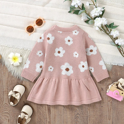 Infant & Toddler Girl Floral Knit Sweater Dress - Long Sleeve Pink Flower A-Line Skirt (6M-3T)