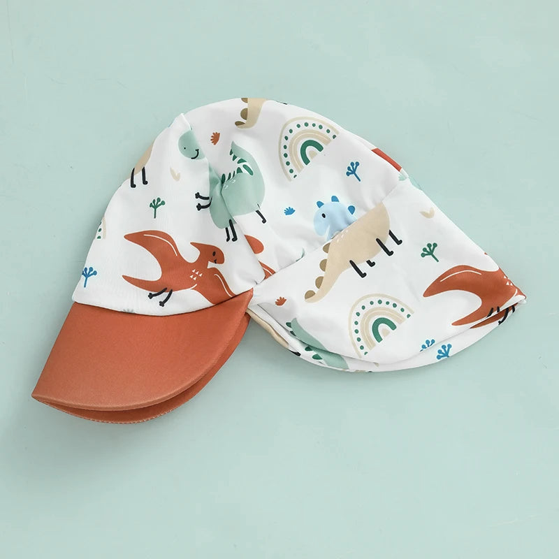Dinosaur Terracotta Rash Guard Set - Premium Half-Zip One-Piece Swimwear with Sun Hat (6M-5T)