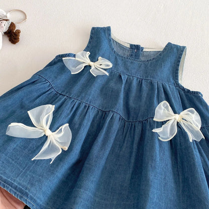 Toddler & Baby Girls Sleeveless Blue Denim Dress - 100% Cotton A-Line Summer Tiered Dress with Bows(6M-5T)