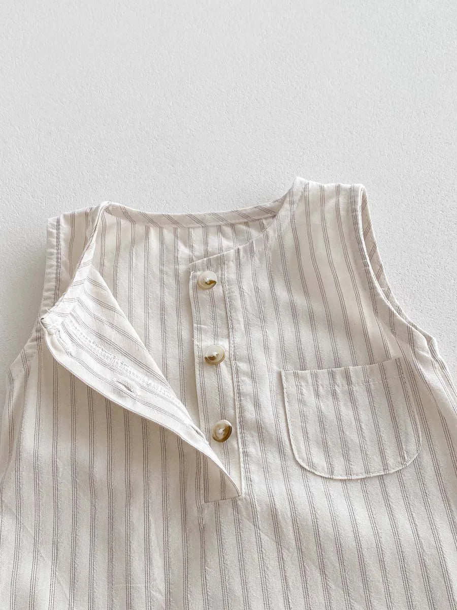 Neutral Ticking-Stripe Sleeveless Baby Romper with Matching Sun Hat - 100% Cotton (0-24M)