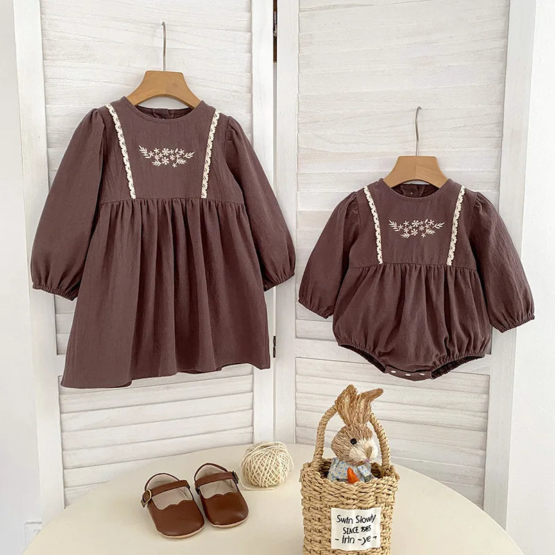 Toddler & Girls Brown Floral Embroidered Cotton Long Sleeve Dress (2T-6T)