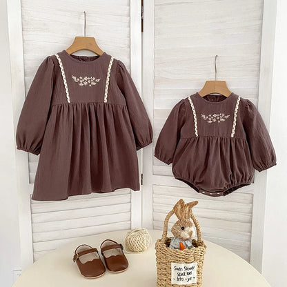 Toddler & Girls Brown Floral Embroidered Cotton Long Sleeve Dress (2T-6T)