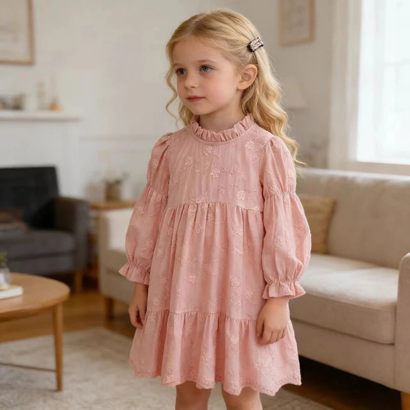 Toddler & Girls Pink Floral Embroidered Long Sleeve Tiered Dress (2T-6T)