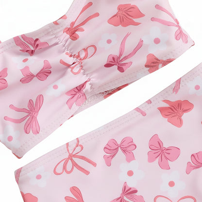 Toddler Baby Girl Pink Bow Print 3-Piece Swimsuit - Ruffle Tankini, Shorts & Hat (0-3T)