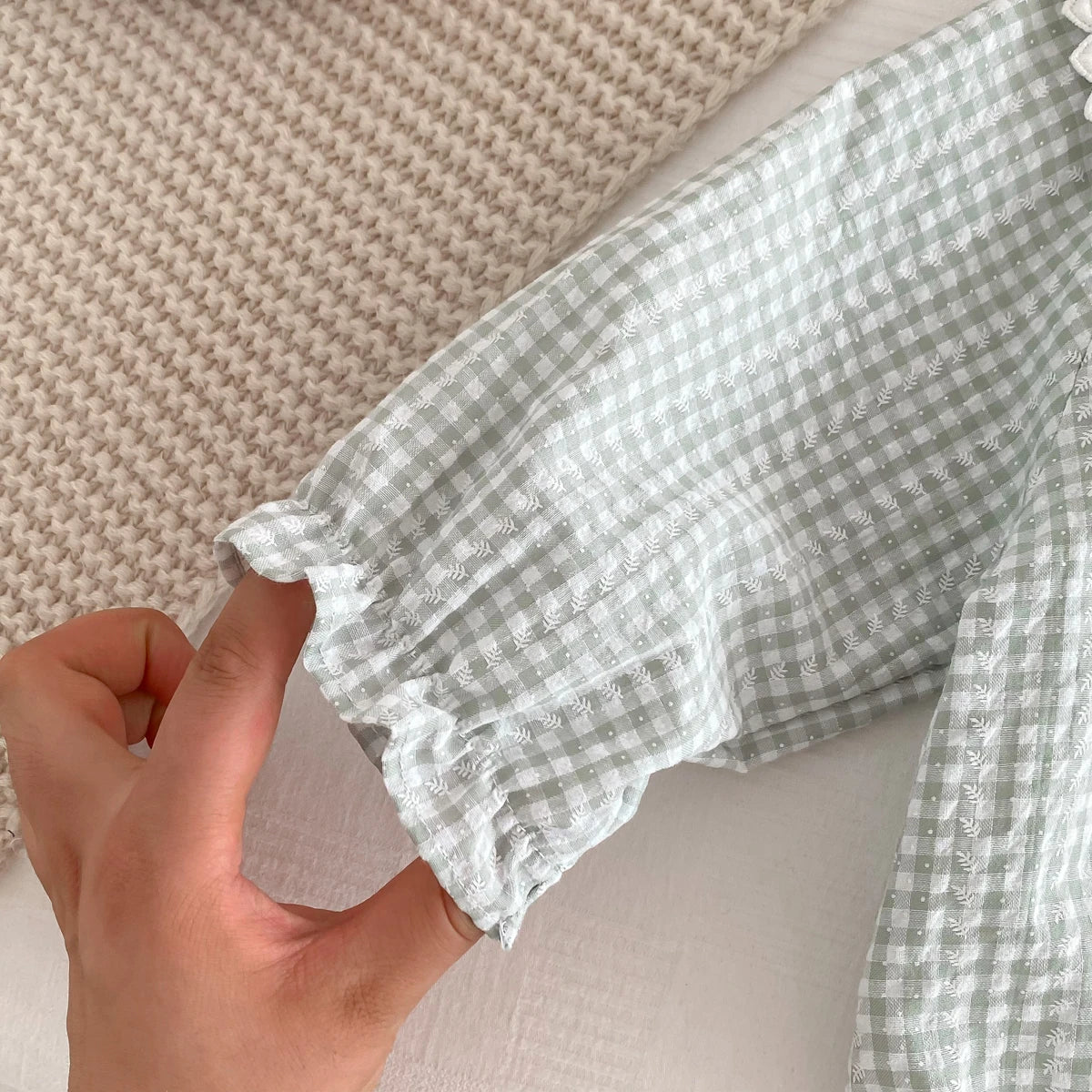 Newborn Baby Girl Sky Blue Gingham Romper - Long Sleeve Peter Pan Collar Cotton Jumpsuit (0-12 Months)