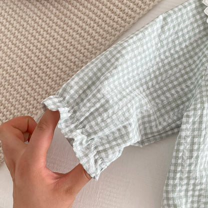 Newborn Baby Girl Sky Blue Gingham Romper - Long Sleeve Peter Pan Collar Cotton Jumpsuit (0-12 Months)