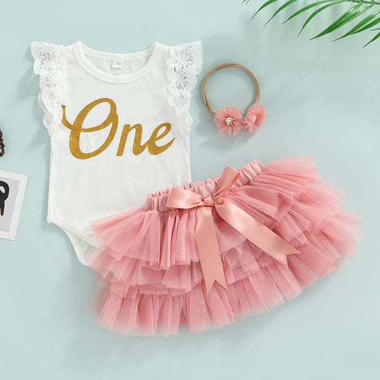 Baby Girls 1st Birthday Outfit | "One" Letter Print Lace Romper, Tulle Tutu Skirt & Headband Set - 3-Piece Pink Summer Cake Smash Suit (0-18M)