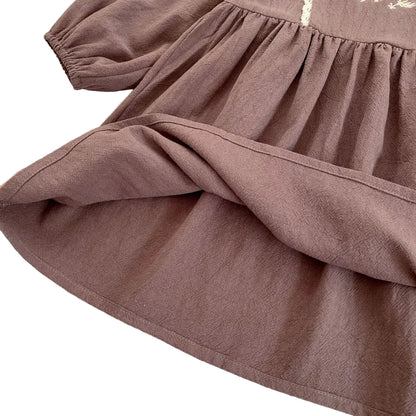 Toddler & Girls Brown Floral Embroidered Cotton Long Sleeve Dress (2T-6T)