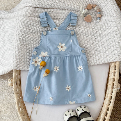 Baby Girl Daisy Embroidered Overall Dress | Toddler Blue Cotton Summer Jumper (6M-3T)