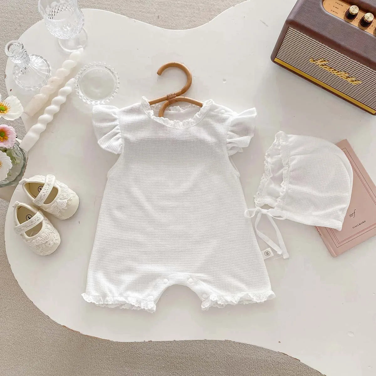 Waffle Knit Baby Girl Romper & Bonnet Set - Ruffle Sleeve Lace Trim Summer Jumpsuit (3-24M)