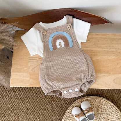 Infant Rainbow Appliqué Waffle Romper Set with Criss-Cross Back & Snap Bottoms (1-18M)