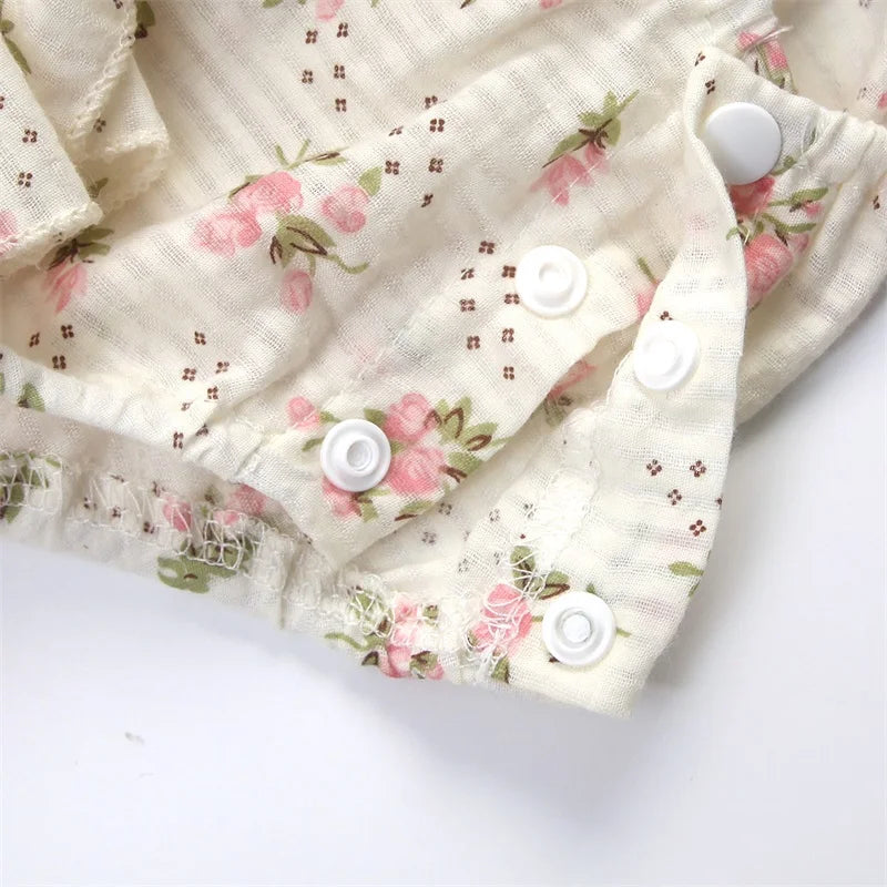 Baby Girl Summer Floral Romper Set – Sleeveless Ruffled Jumpsuit with Matching Bow Headband, Beige Cotton Blend (0-24M)