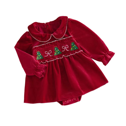 Baby Girl Red Smocked Christmas Romper Dress - Long Sleeve Peter Pan Collar (0-18M)