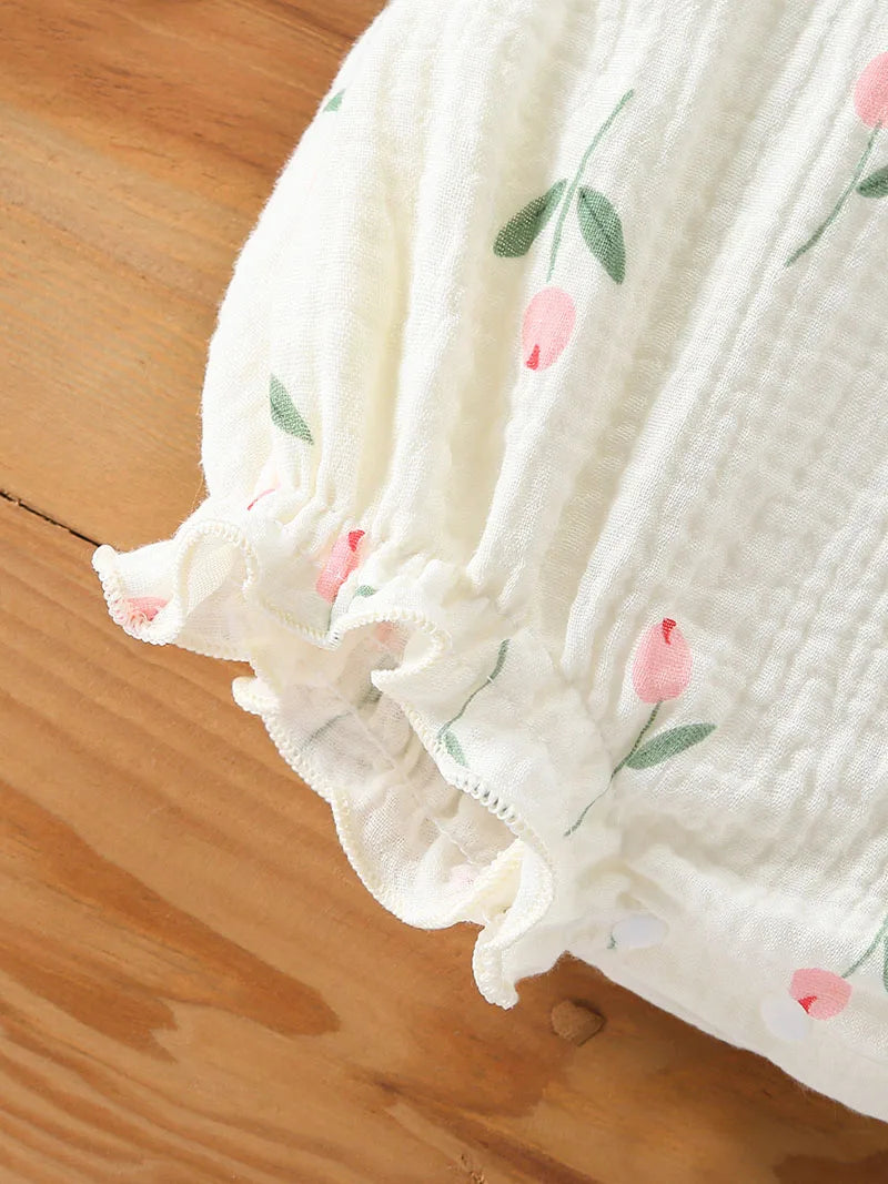 Baby Girl Muslin Cotton Romper & Sun Hat Set - Floral 2-Piece Summer Bodysuit (3-18M)