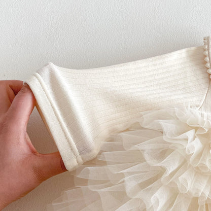 Baby Girl Princess Tulle Dress Bodysuit - Cream Peter Pan Collar Romper with Gold Crown (3-24M)