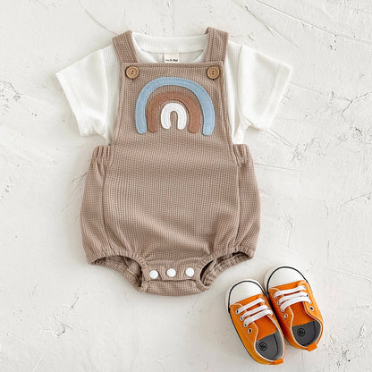 Infant Rainbow Appliqué Waffle Romper Set with Criss-Cross Back & Snap Bottoms (1-18M)