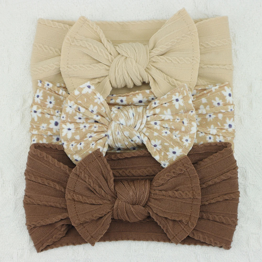 3-Pack Baby Nylon Headbands - Soft Cable Knit Stretchy Bows for Infants & Toddlers (0-3T)