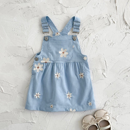 Baby Girl Daisy Embroidered Overall Dress | Toddler Blue Cotton Summer Jumper (6M-3T)
