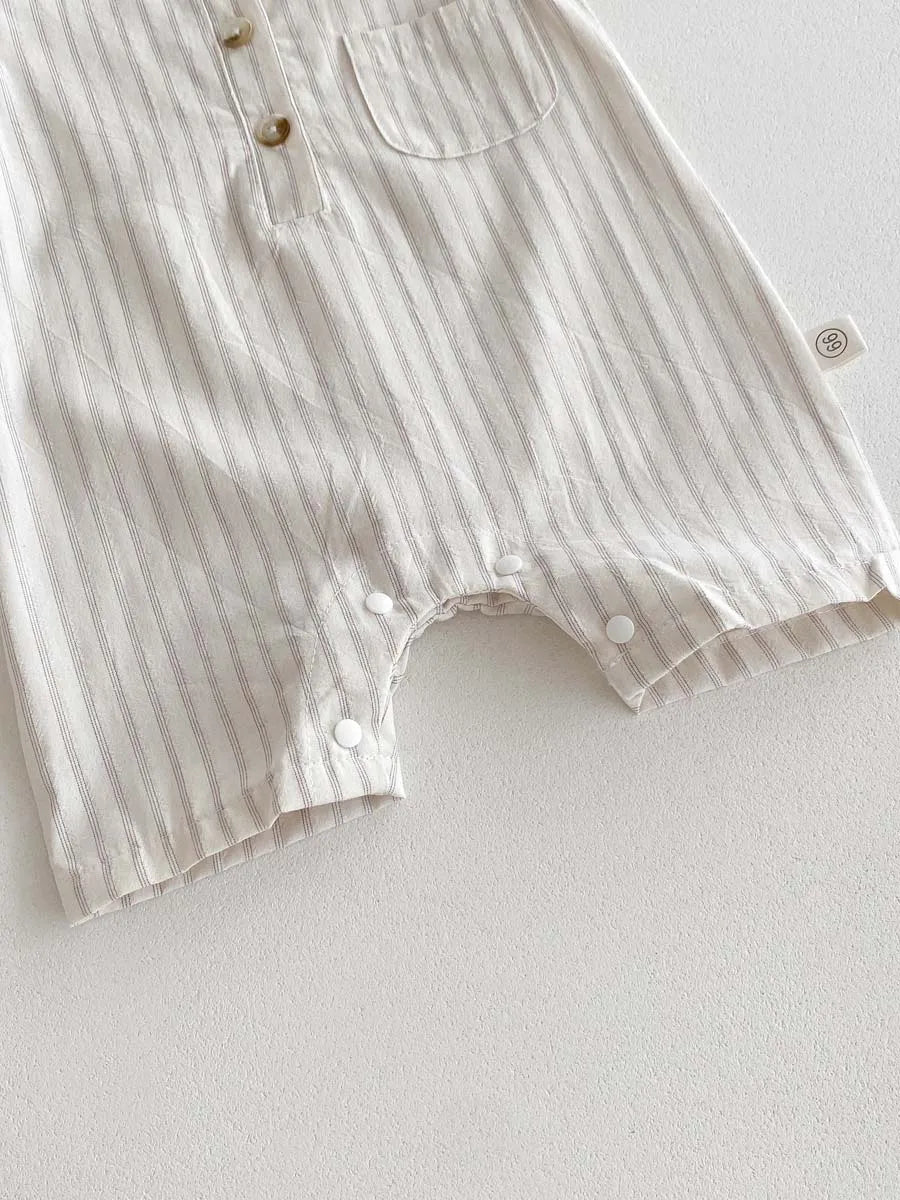 Neutral Ticking-Stripe Sleeveless Baby Romper with Matching Sun Hat - 100% Cotton (0-24M)