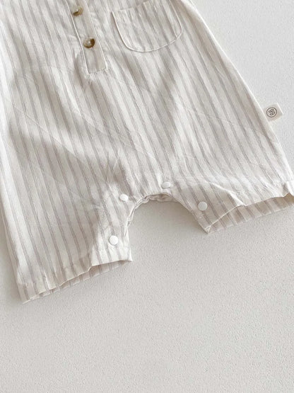 Neutral Ticking-Stripe Sleeveless Baby Romper with Matching Sun Hat - 100% Cotton (0-24M)