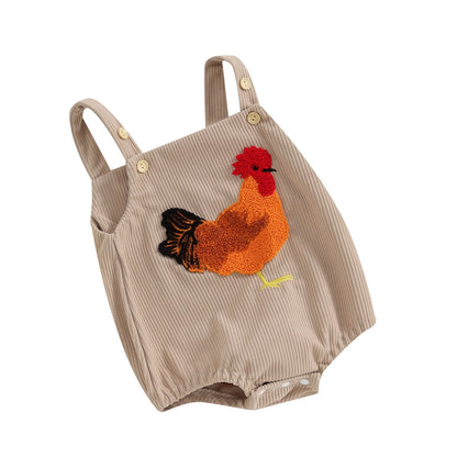 Unisex Baby Rooster Embroidery Corduroy Romper - Sleeveless Beige Overalls Bodysuit (0-12M)