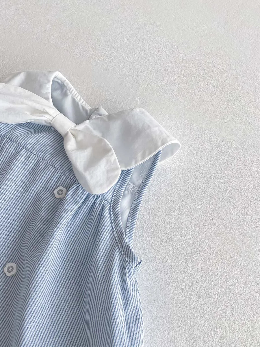 Baby Girl Summer Sailor Dress Romper - Sky Blue Striped Sleeveless Jumpsuit with Bow & Nautical Collar (0-18M)