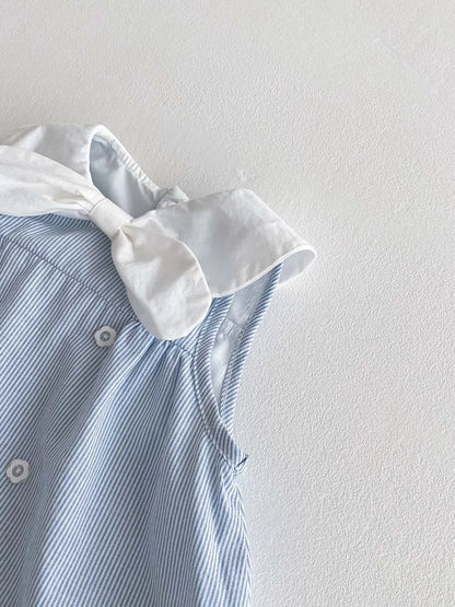 Baby Girl Summer Sailor Dress Romper - Sky Blue Striped Sleeveless Jumpsuit with Bow & Nautical Collar (0-18M)